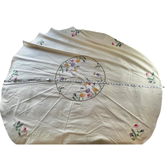 Hand Embroidered Round Tablecloth Floral 58.5” D. Pale Pink/Beige Taupe Hem VTG - Picture 7 of 12